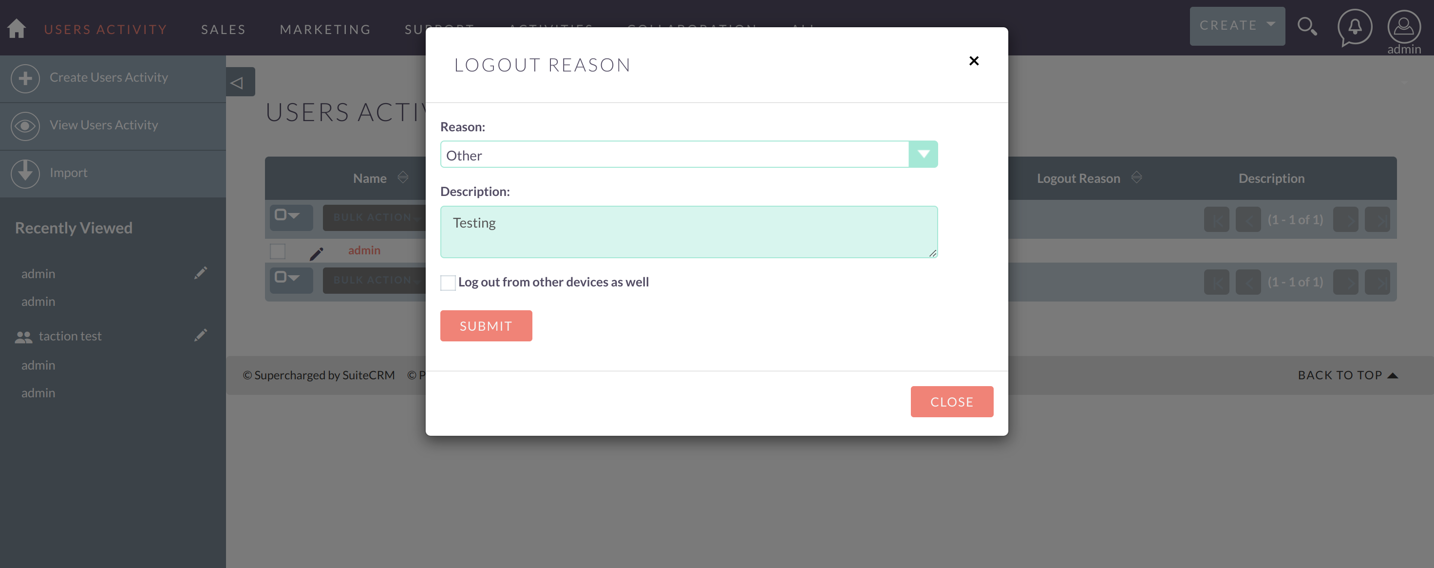 Snapshot of user login tracking feature