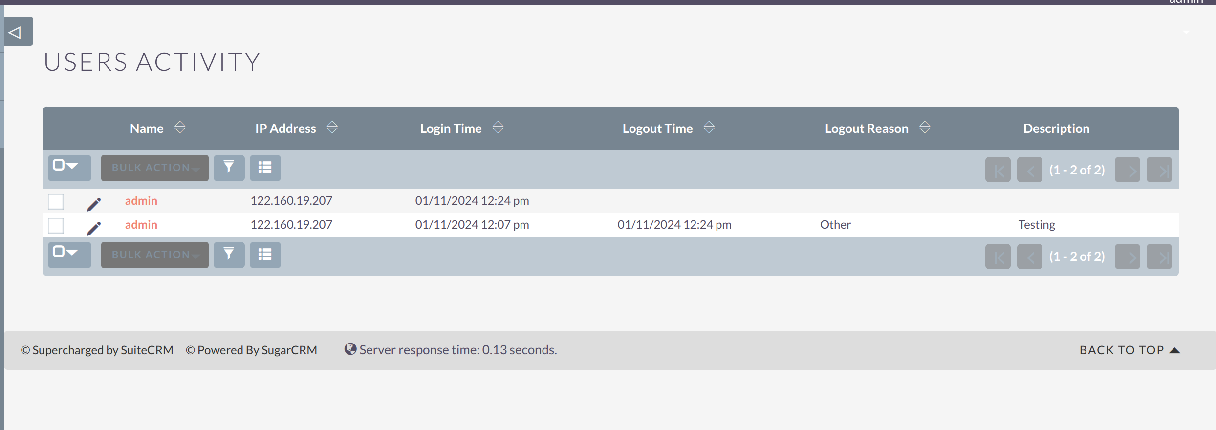 Dashboard showing automatic logout settings