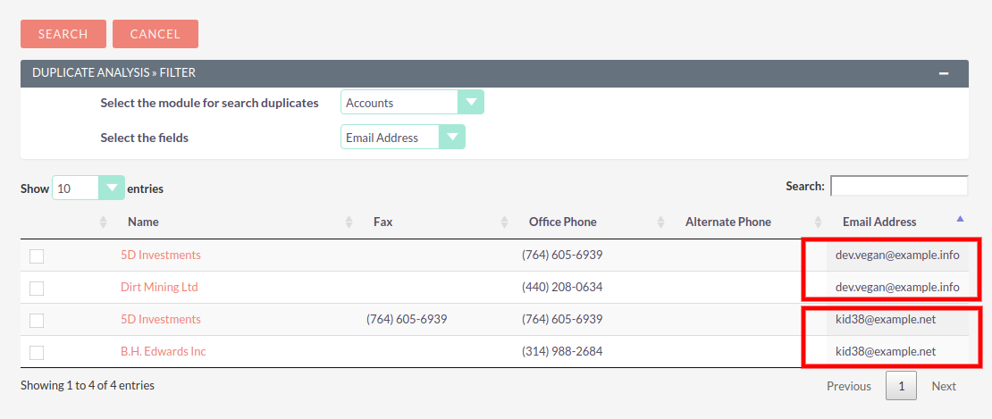 CRM interface showing duplicate analysis tools