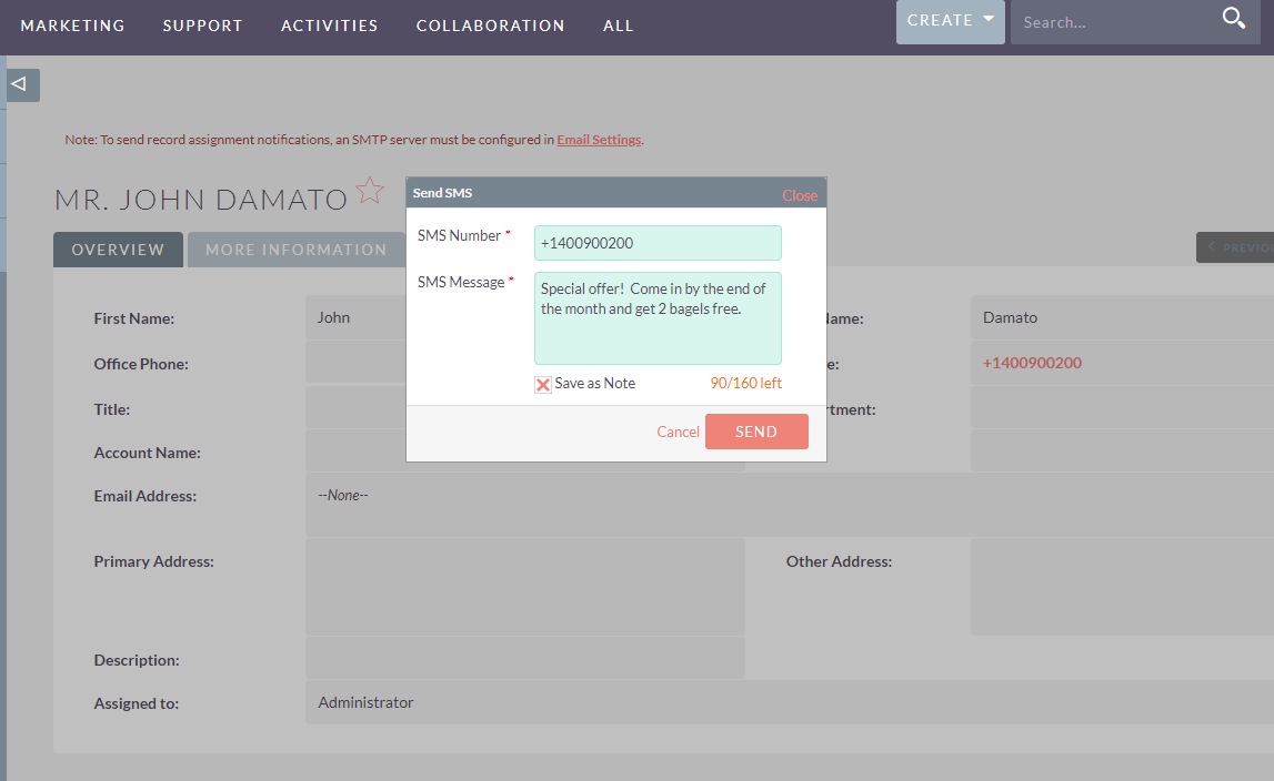 SendSMS integration with SuiteCRM for easy SMS communication